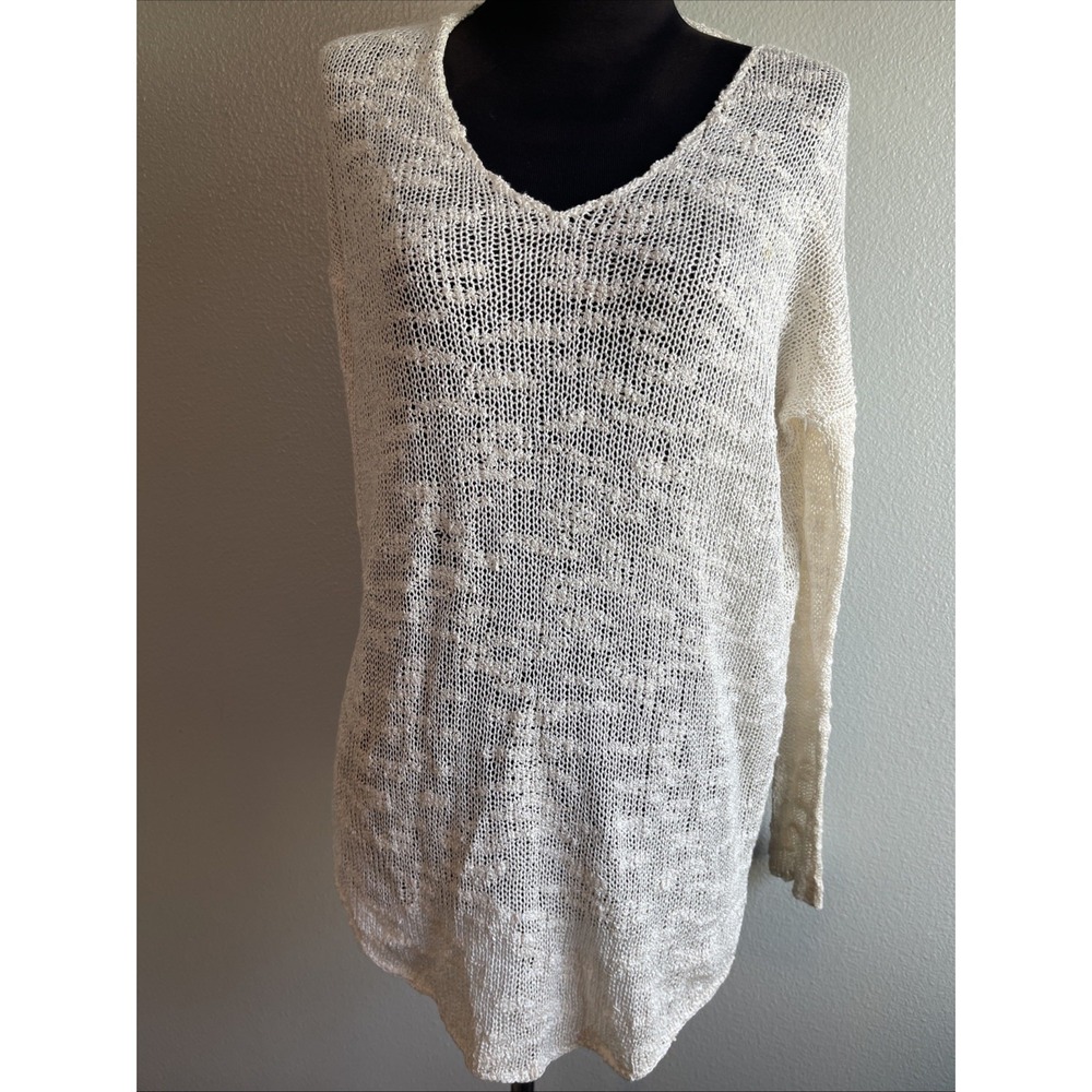 Helmut Lang women light weight silk Sweater V Neck Top Beige Size M